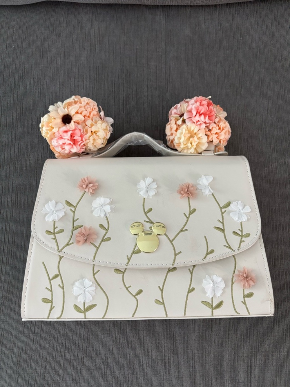 Lunchbox Disney Cream Floral Appliqué Top-Handle Crossbody bag with Gold Mickey